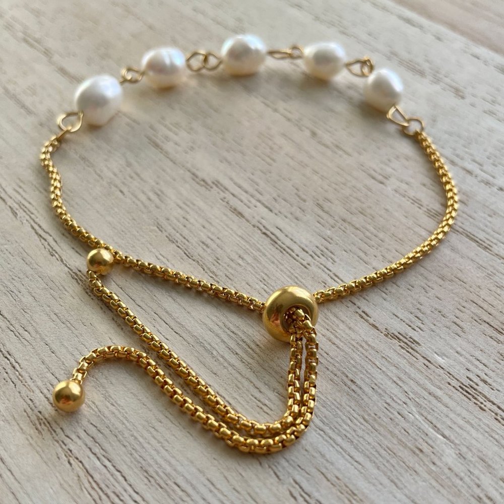 Bracelet Pearl Gold, Adjustable slider Stainless Steel waterproof real pearls